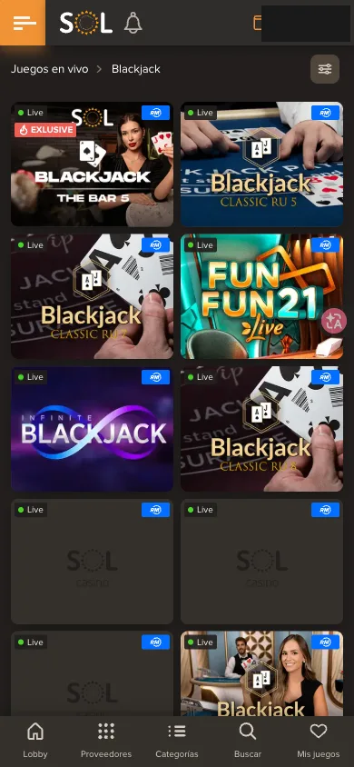 Mesas de blackjack con crupier listadas en el móvil de Sol Casino