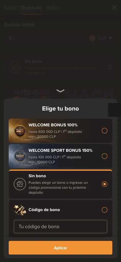 Selector «Elige tu bono» de la caja de Sol Casino con bono de casino, deportivo, código promocional y opción Sin bono