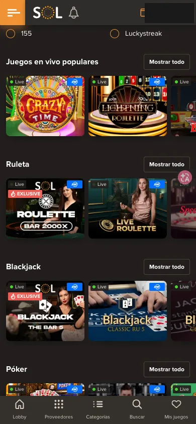 Lobby de casino en vivo de Sol Casino abierto en pantalla de móvil