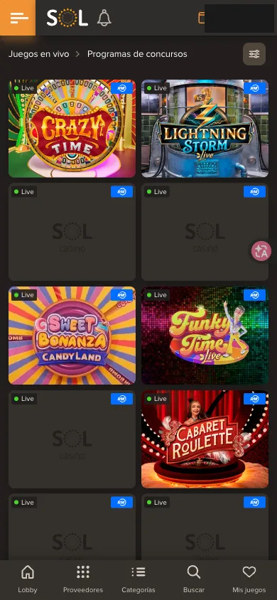 Categoría de programas de concursos en Sol Casino móvil