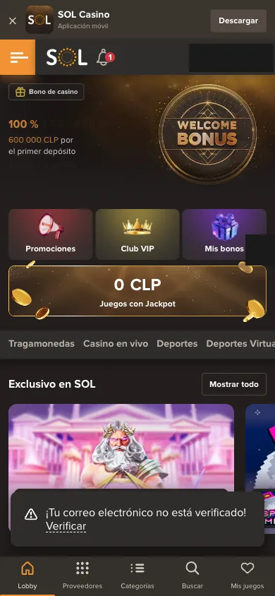 Portada de Sol Casino con sesión iniciada: saldo 0 CLP, banner de bono de bienvenida y aviso de correo no verificado