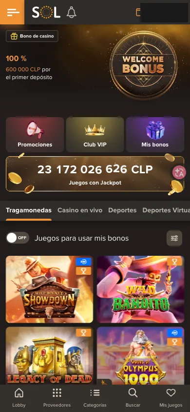 Contador de jackpot en pesos chilenos sobre la lista de tragamonedas participantes, en la versión móvil de Sol Casino