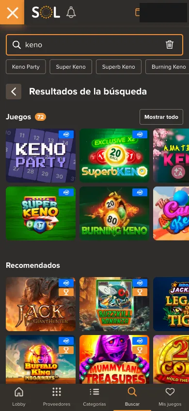 Resultados de búsqueda de keno en Sol Casino móvil