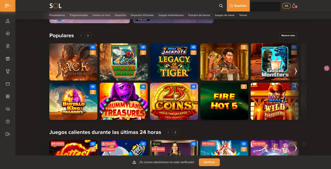 Lobby de Sol Casino con sesión iniciada: fila Populares y fila de juegos calientes de 24 horas con etiquetas de porcentaje