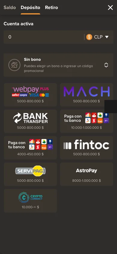 Lista de métodos de depósito de Sol Casino para Chile con límites por operación: Webpay Plus, MACH, transferencia, Fintoc, SERVIPAG, AstroPay y cripto