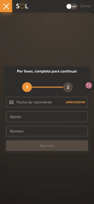 Formulario de perfil y el interruptor Demo al abrir un juego en Sol Casino