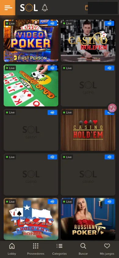 Listado móvil de mesas de póker de casino en Sol Casino