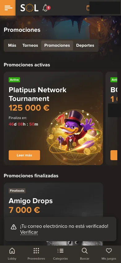 Página de promociones de Sol Casino con torneos activos y contadores de tiempo