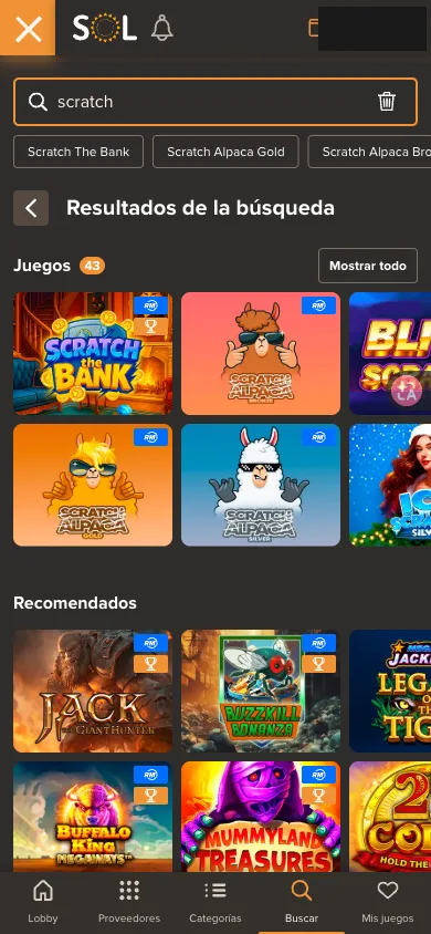 Resultados de búsqueda de juegos rasca y gana en Sol Casino móvil