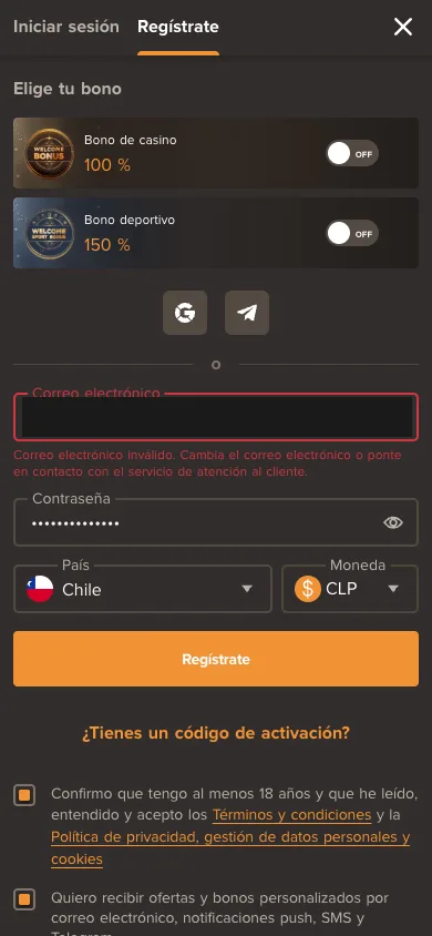 Mensaje de error «Correo electrónico inválido» bajo el campo de correo en el registro de Sol Casino
