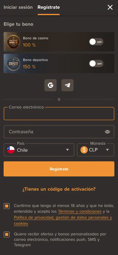 Formulario de registro de Sol Casino en español con País Chile y Moneda CLP preseleccionados
