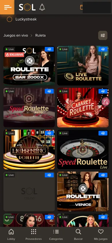 Mesas de ruleta en vivo listadas en la versión móvil de Sol Casino