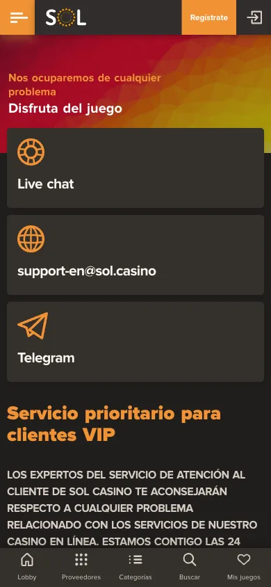 Página de contacto de Sol Casino con chat en vivo, correo de soporte y Telegram