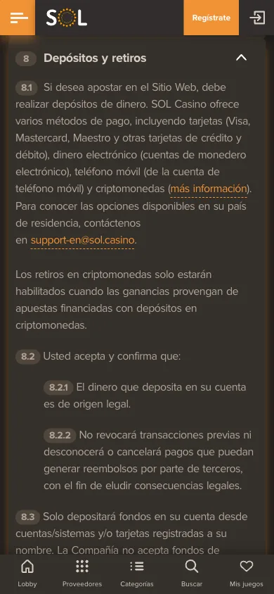 Sección 8 «Depósitos y retiros» de los términos de Sol Casino desplegada en el móvil