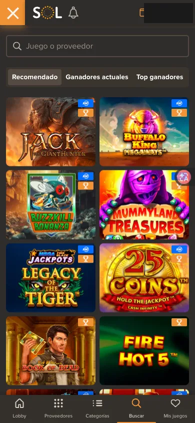 Buscador de Sol Casino mostrando las tragamonedas recomendadas en pantalla de móvil